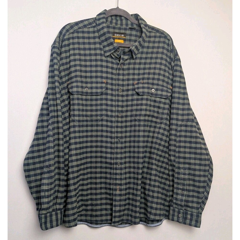 Orvis Mens XXL Long Sleeve Flannel Mid Weight Green Plaid Button Up 2 Pockets